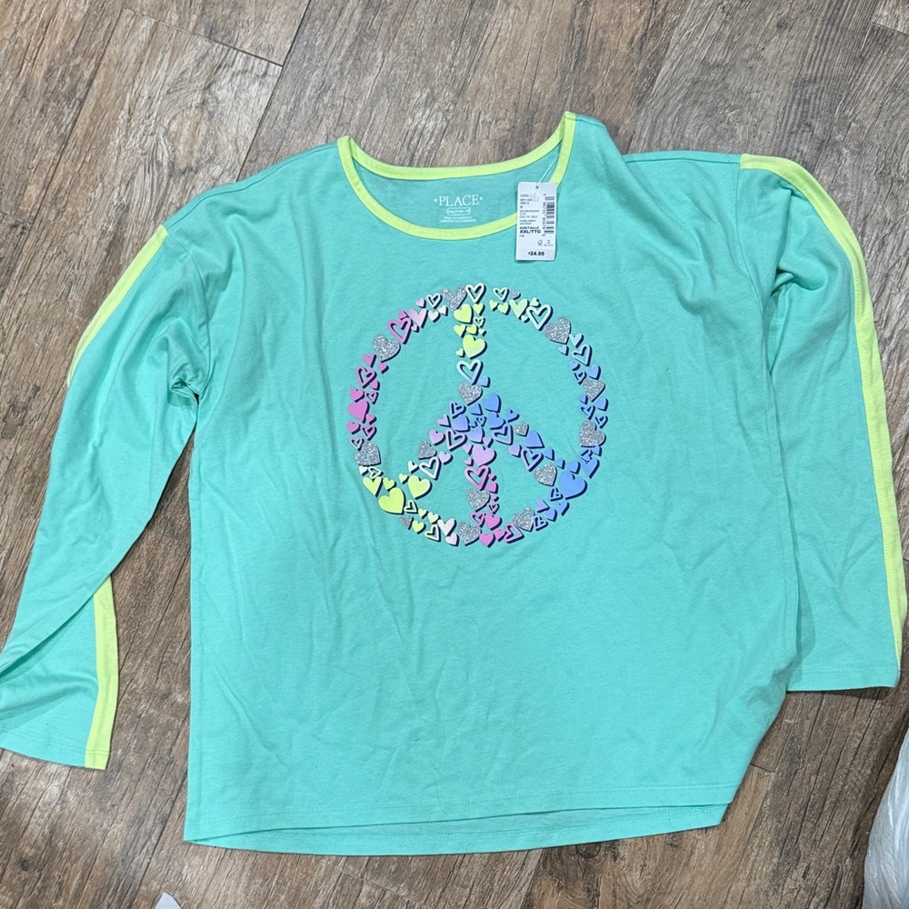 Aqua Long Sleeve Shirt with Peace Sign XXL